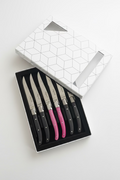 Laguiole 6 Couteaux à Steak Guillochés – Nacre Rose & Carbone